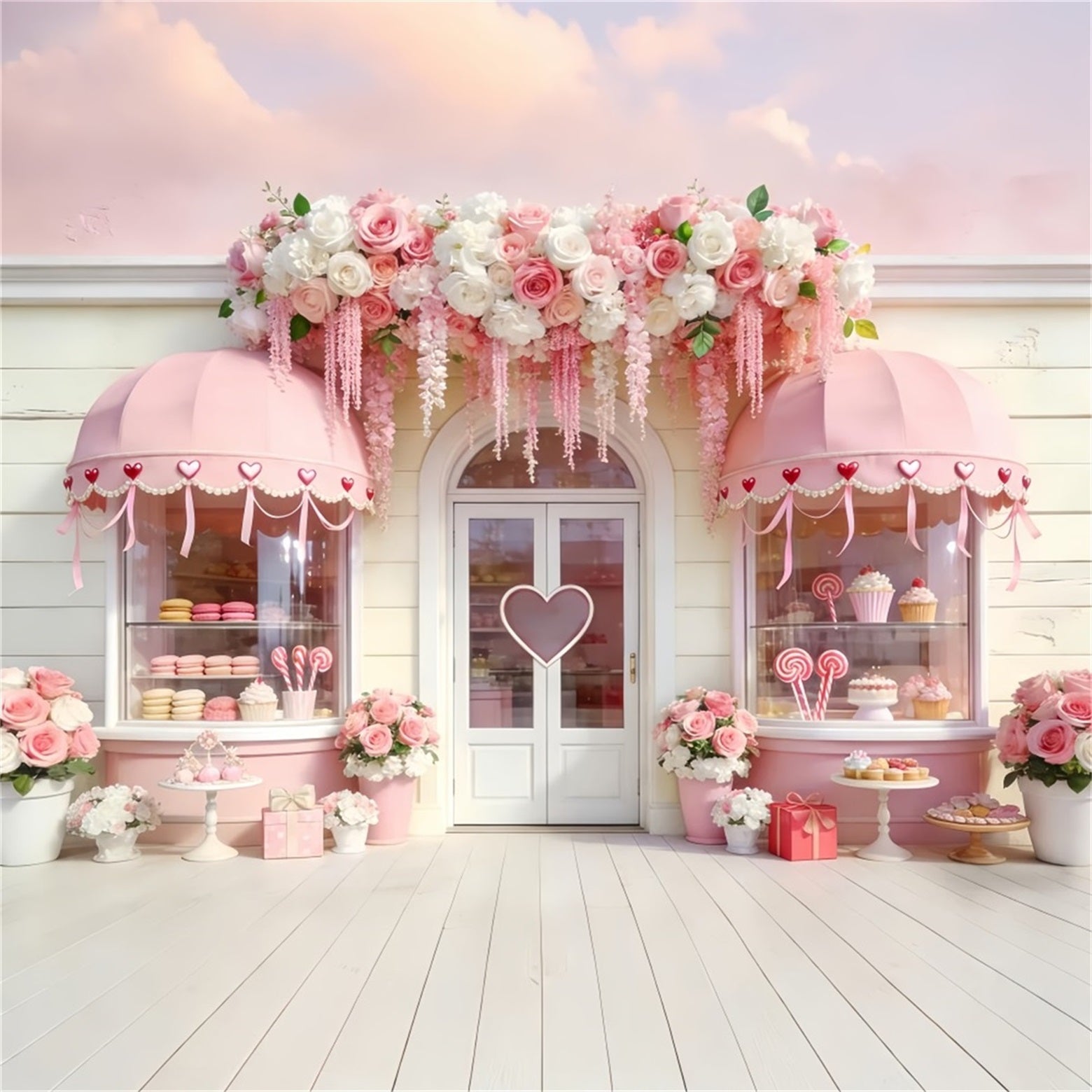 Candy Shop Valentine Backdrop Floral Arches Heart Pink Valentine Backdrop UK LXX512-52