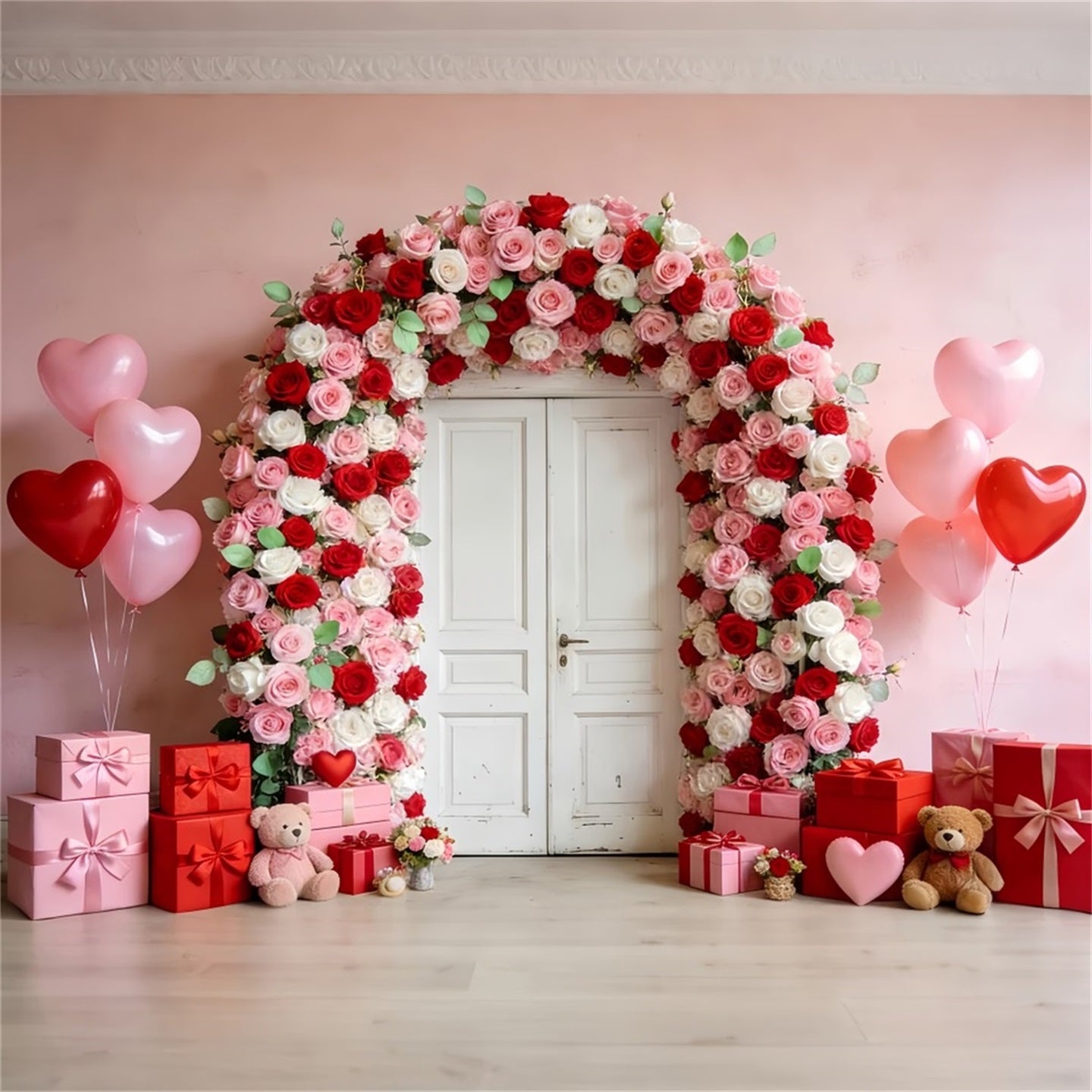 Floral Arch Valentine Backdrop Rose Door Wreath Gifts Heart Balloon Backdrop UK LXX512-53