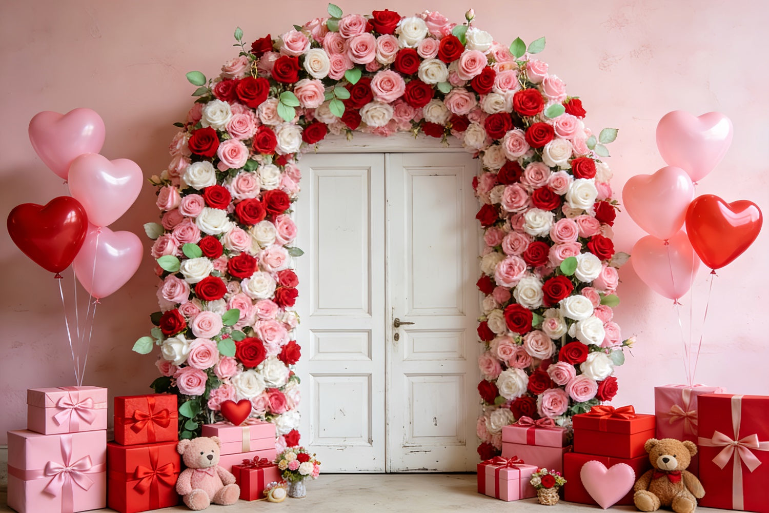 Floral Arch Valentine Backdrop Rose Door Wreath Gifts Heart Balloon Backdrop UK LXX512-53