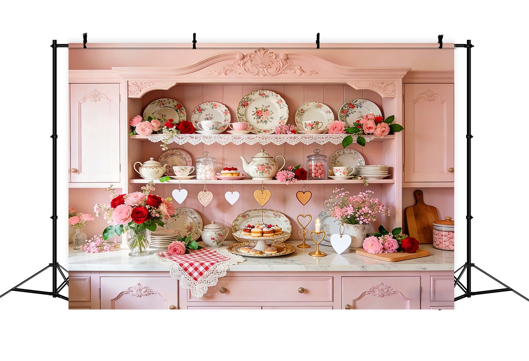 Pink Valentine Backdrop Vintage Kitchen Tea Cabinet Romantic Backdrop UK LXX512-55