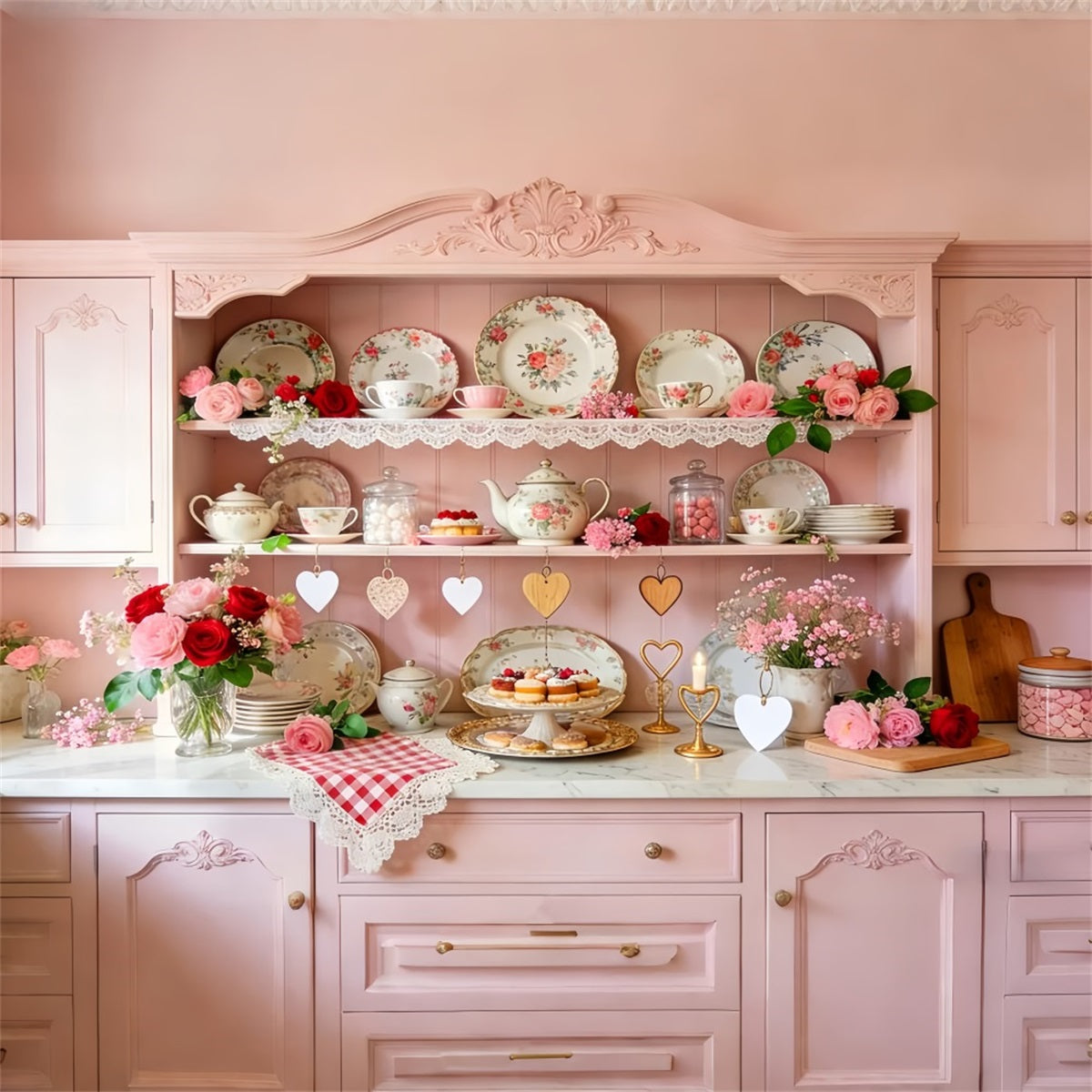 Pink Valentine Backdrop Vintage Kitchen Tea Cabinet Romantic Backdrop UK LXX512-55