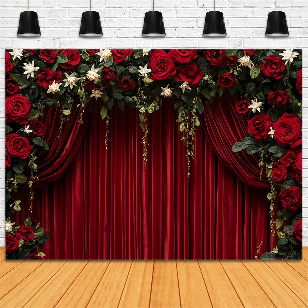 Red Roses Backdrop Crimson Velvet Curtain Elegance Valentine's Day Backdrop UK LXX512-56