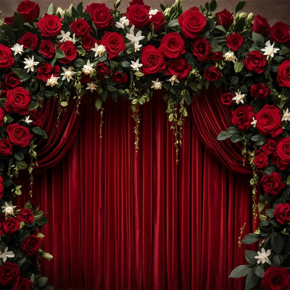 Red Roses Backdrop Crimson Velvet Curtain Elegance Valentine's Day Backdrop UK LXX512-56