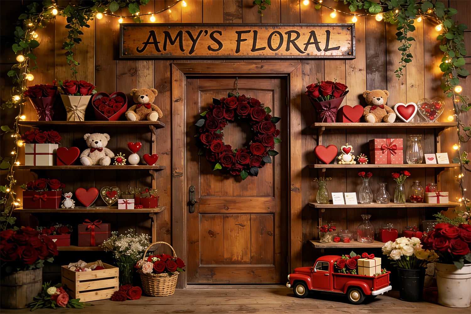 Teddy Bears Valentine Backdrop Rustic Floral Shop Romantic Backdrop UK LXX512-57