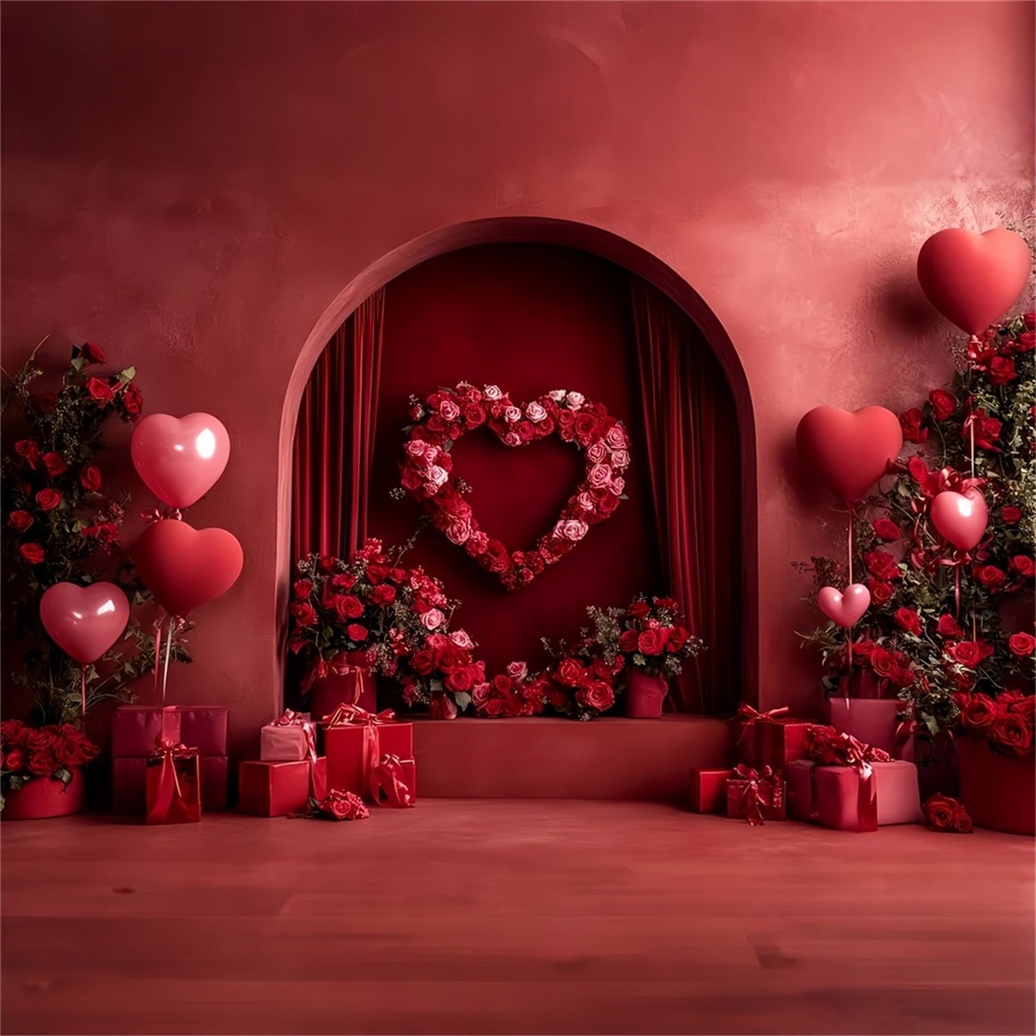 Red Roses Backdrop Love Heart Arch Alcove Heart Balloon Backdrop UK LXX512-59