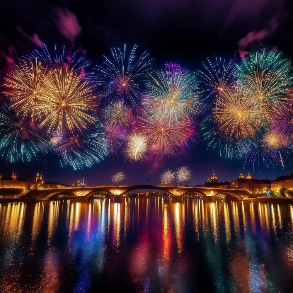 New Years Backdrops City Night River Reflection Fireworks Photo Backdrop UK LXX512-6