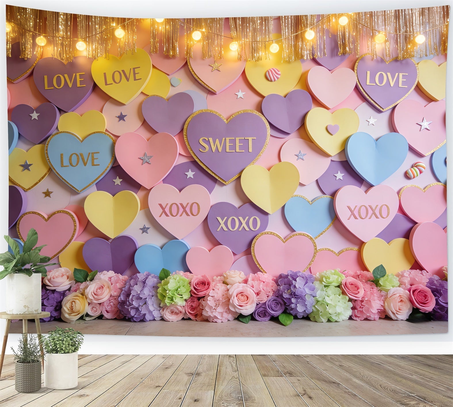 Romantic Backdrop Pastel Candy Hearts Wall Valentine Photo Backdrop UK LXX512-60
