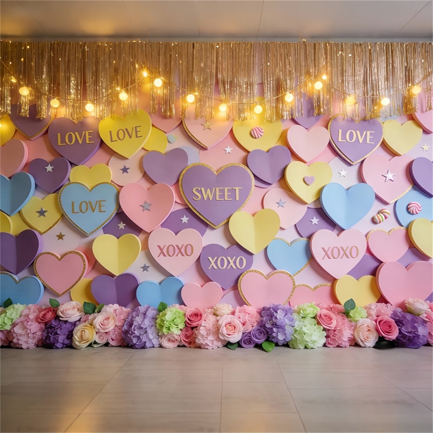 Romantic Backdrop Pastel Candy Hearts Wall Valentine Photo Backdrop UK LXX512-60