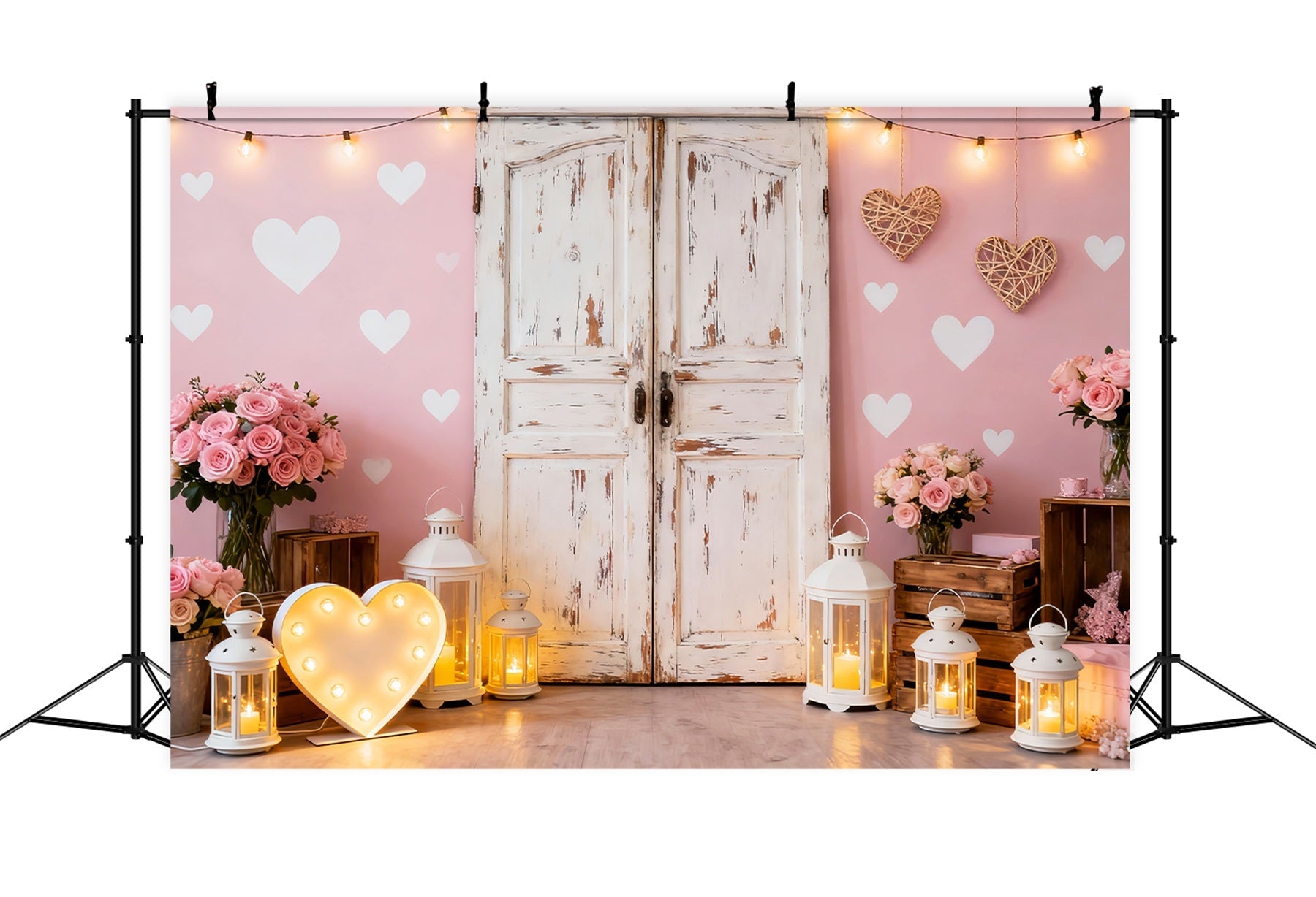 Pink Valentine Backdrop Rustic Door Roses Lantern Heart Backdrop UK LXX512-64