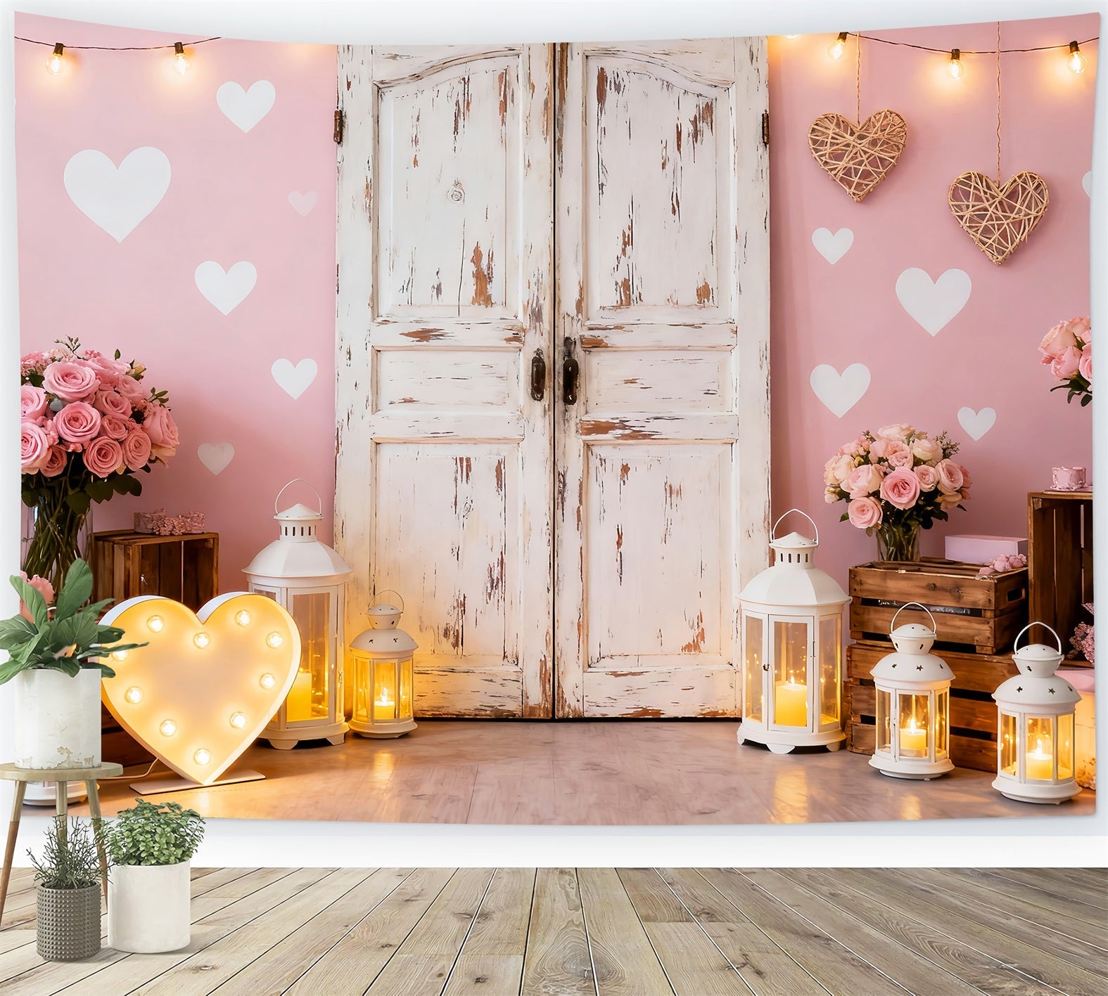 Pink Valentine Backdrop Rustic Door Roses Lantern Heart Backdrop UK LXX512-64