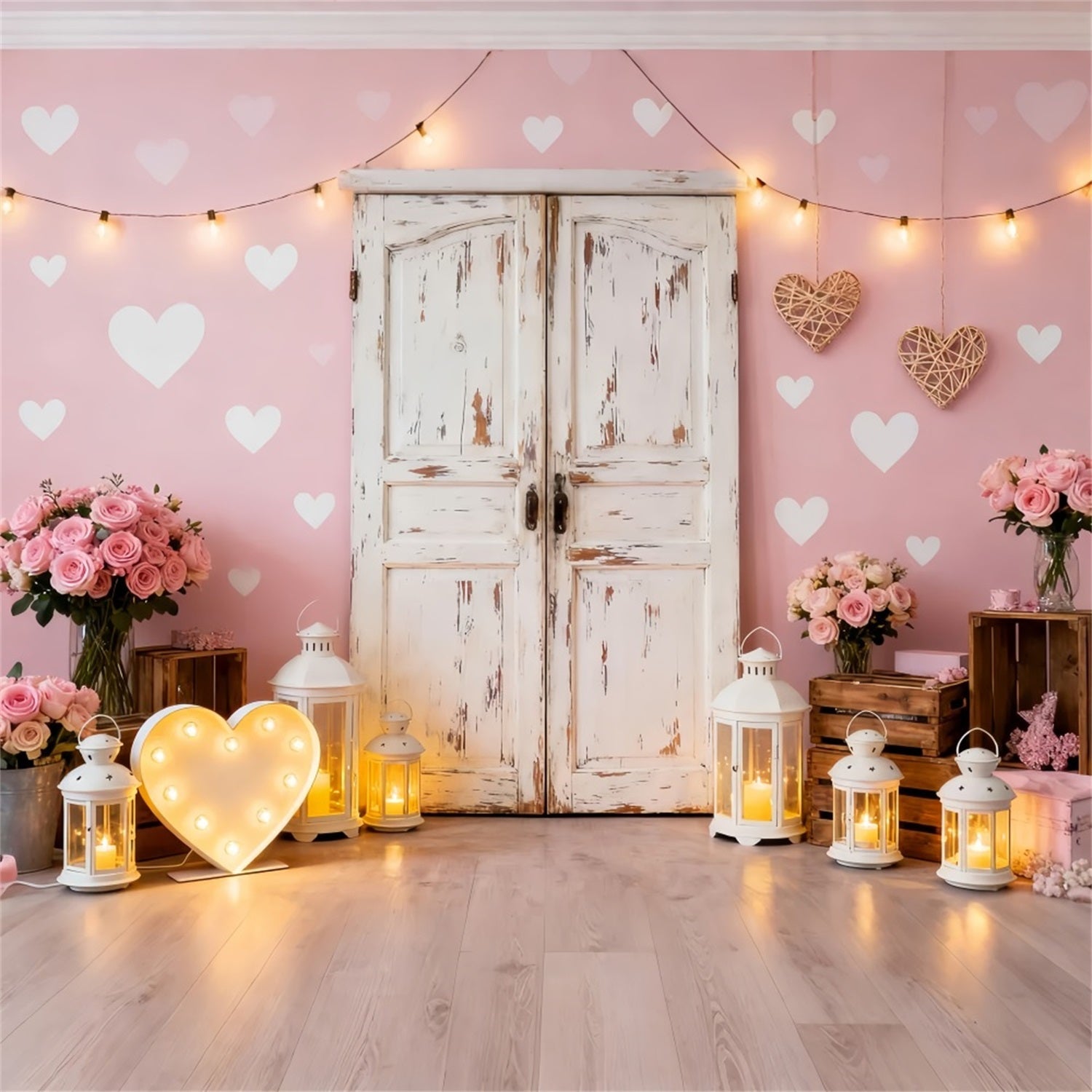 Pink Valentine Backdrop Rustic Door Roses Lantern Heart Backdrop UK LXX512-64