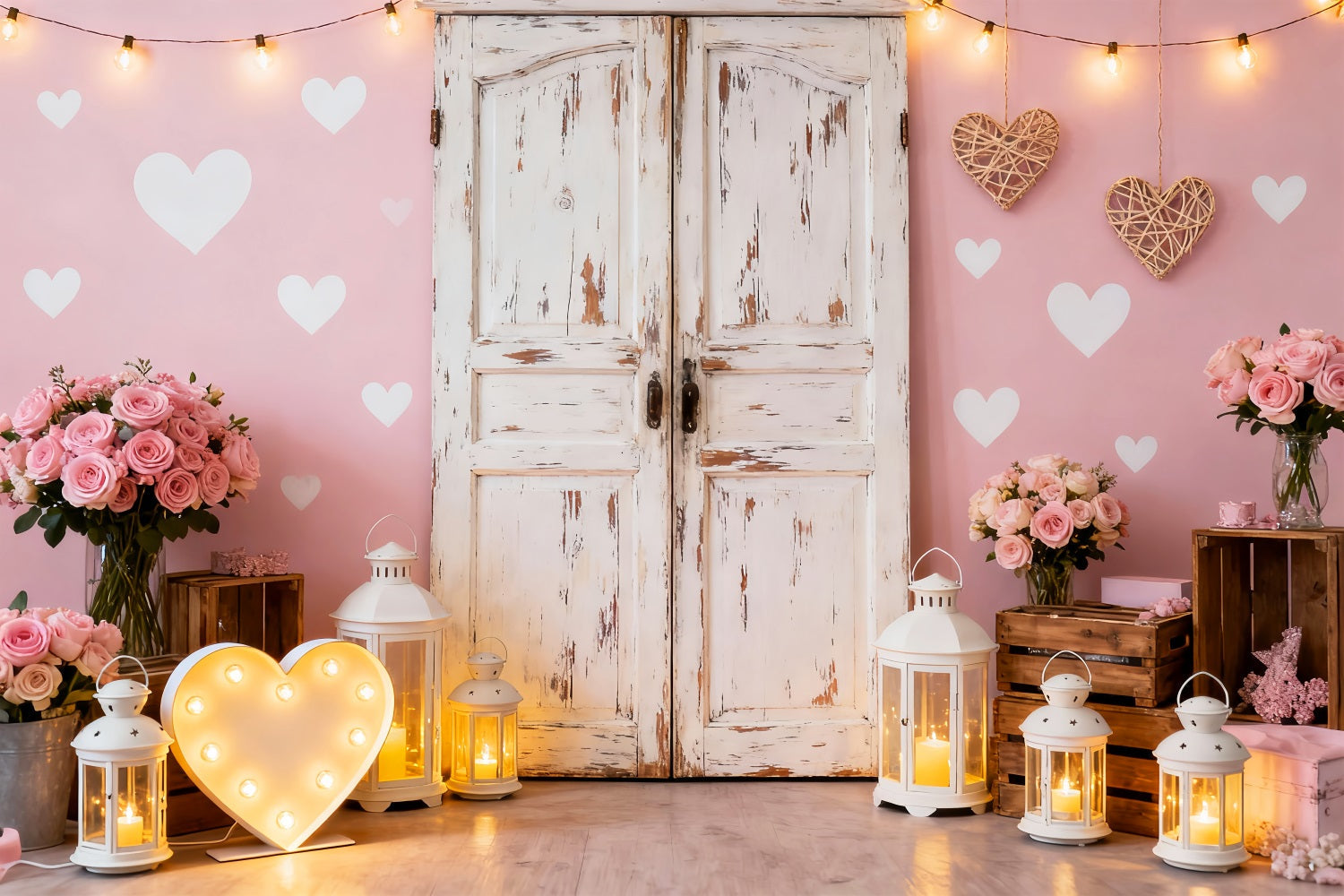 Pink Valentine Backdrop Rustic Door Roses Lantern Heart Backdrop UK LXX512-64