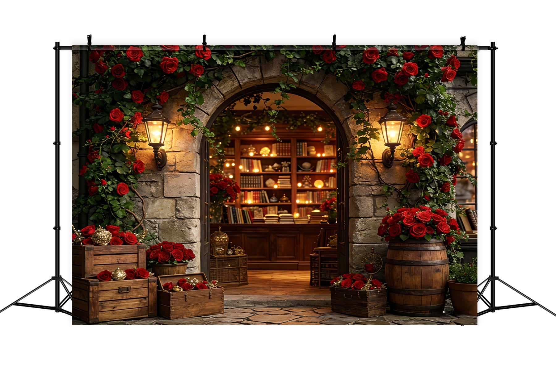 Floral Arch Valentine Backdrop Vintage Rose Library Entrance Love Backdrops UK LXX512-66