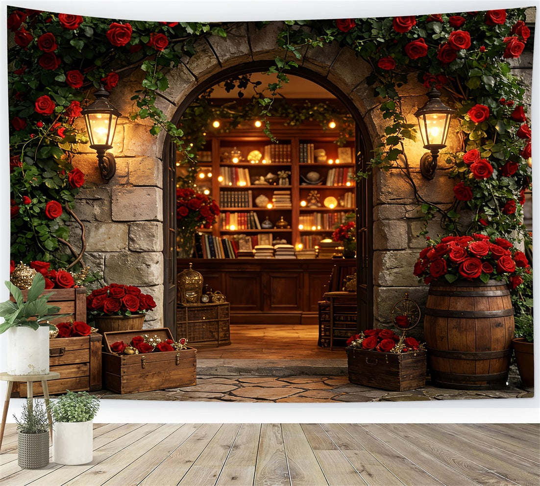 Floral Arch Valentine Backdrop Vintage Rose Library Entrance Love Backdrops UK LXX512-66