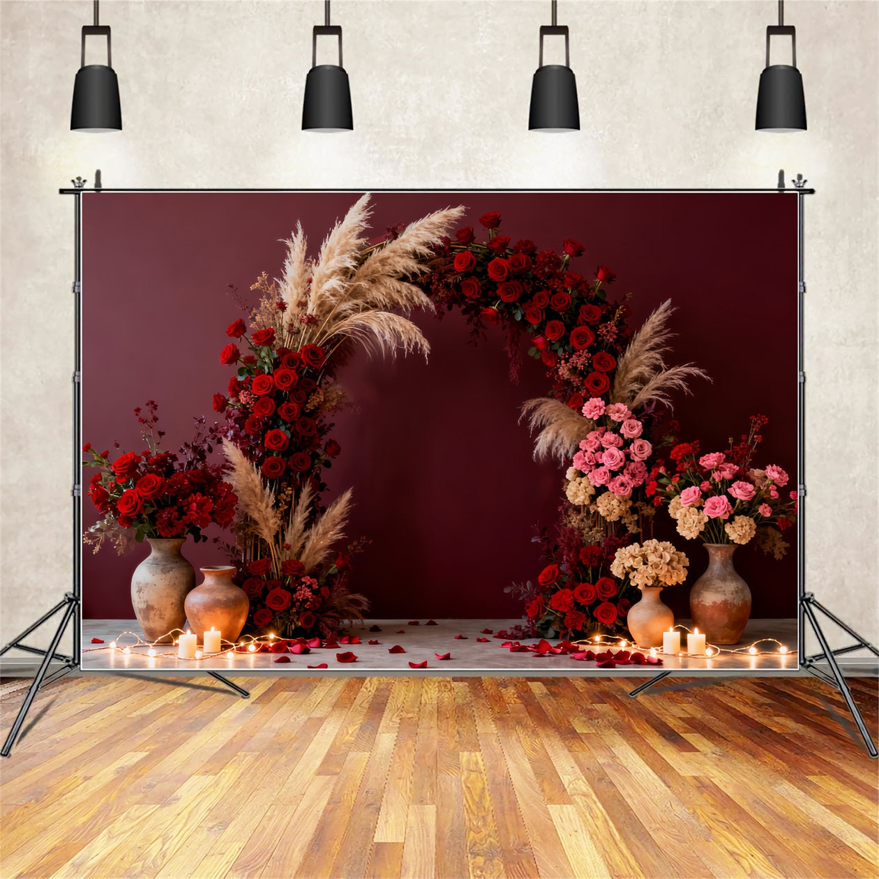 Boho Floral Valentine Backdrop Romantic Candlelight Room Red Rose Backdrop UK LXX512-69