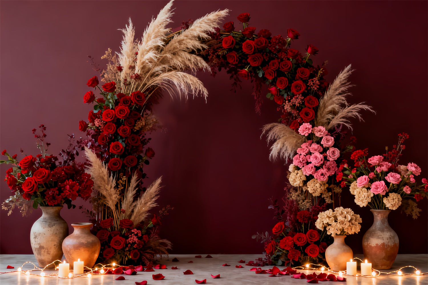Boho Floral Valentine Backdrop Romantic Candlelight Room Red Rose Backdrop UK LXX512-69