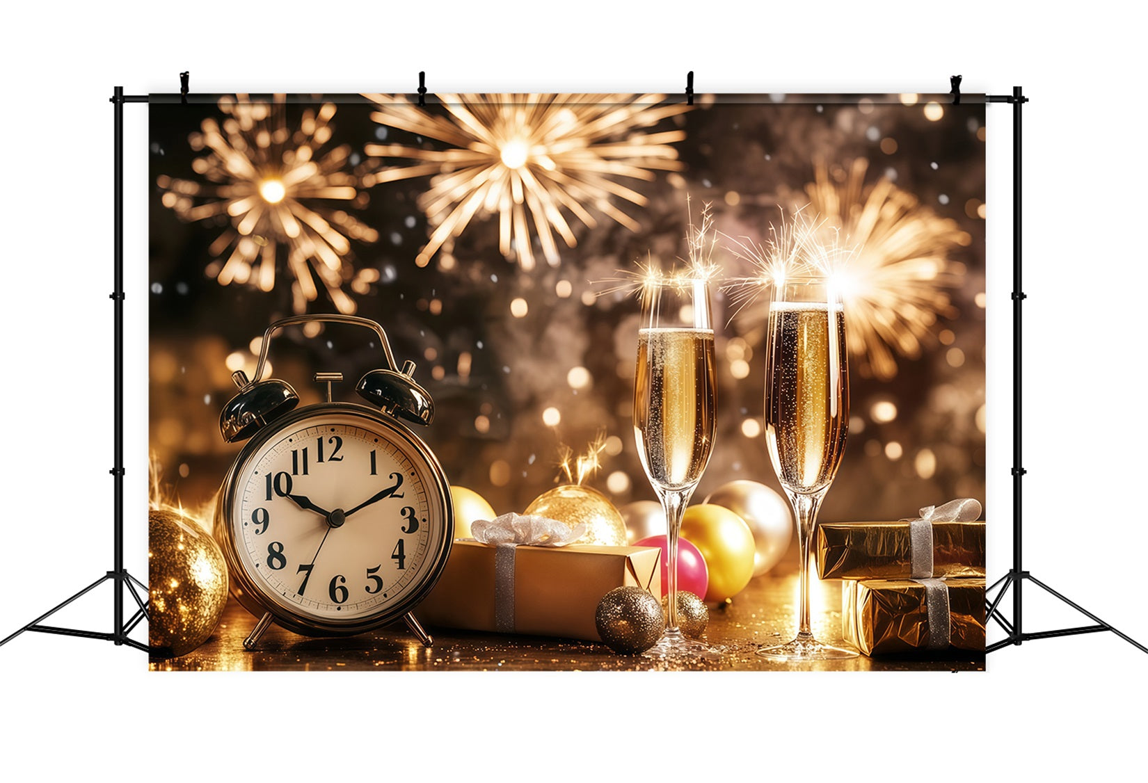 New Year's Backdrops Champagne Countdown Clock Firework Gold Glitter Backdrop UK LXX512-7