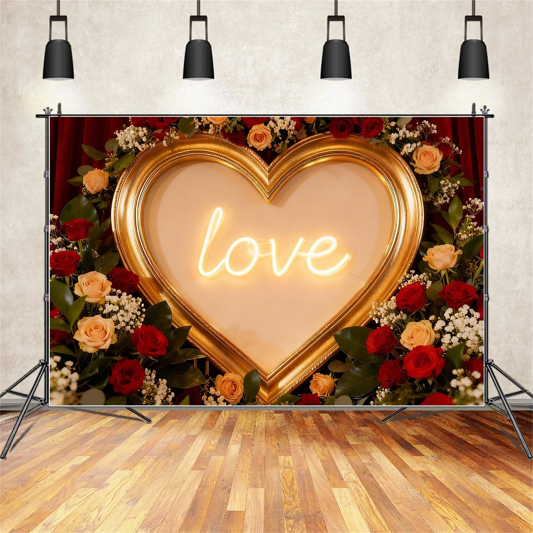 Red Roses Backdrop Neon Love Signs Floral Heart Backdrop UK LXX512-70