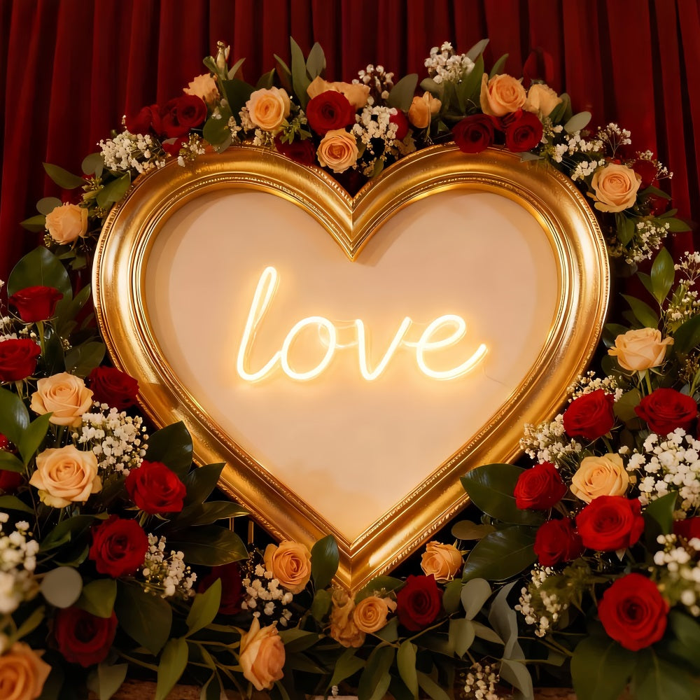 Red Roses Backdrop Neon Love Signs Floral Heart Backdrop UK LXX512-70