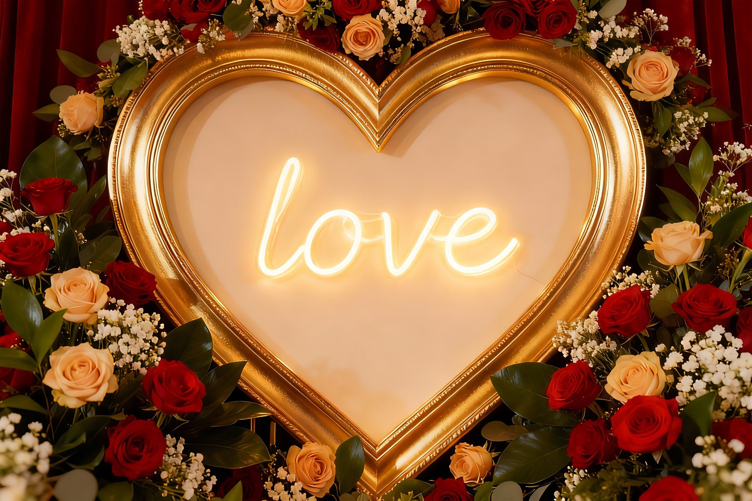 Red Roses Backdrop Neon Love Signs Floral Heart Backdrop UK LXX512-70