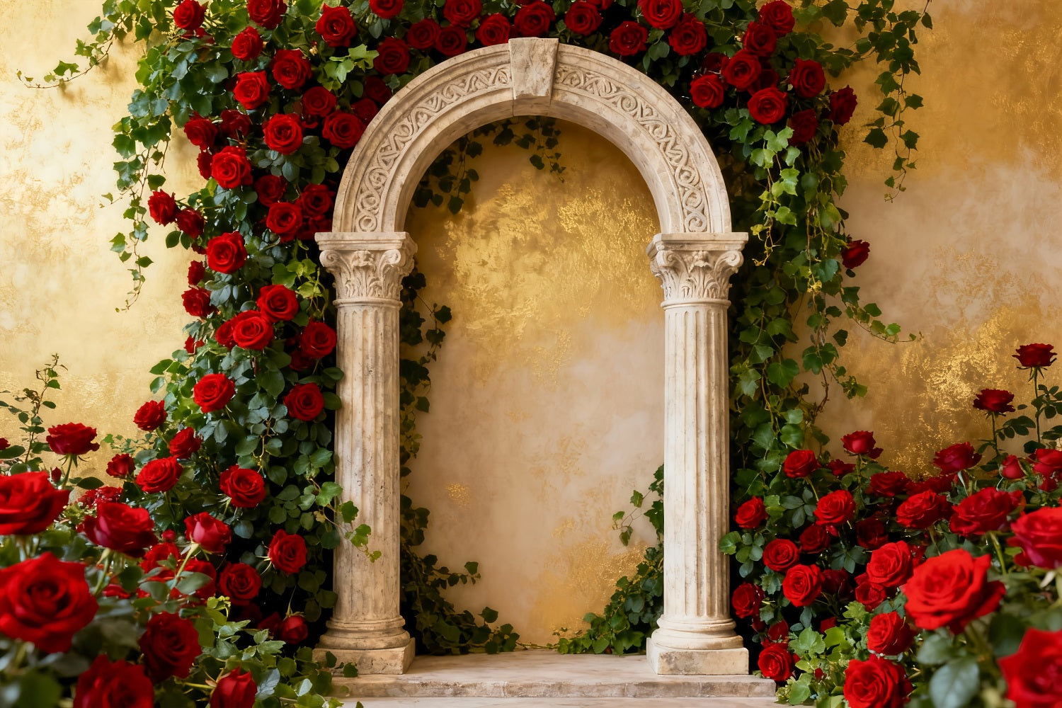 90s Valentine Backdrop Classic Garden Stone Arch Red Rose Backdrop UK LXX512-74