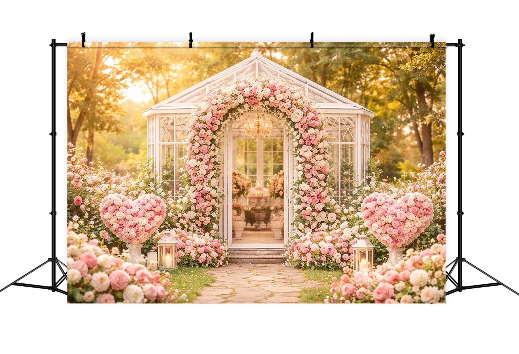 Floral Arch Valentine's Day Backdrop Garden Pavilion Pink Roses Love Backdrops UK LXX512-77
