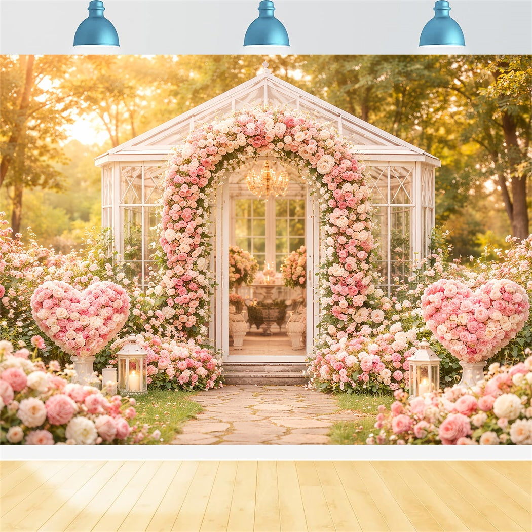 Floral Arch Valentine's Day Backdrop Garden Pavilion Pink Roses Love Backdrops UK LXX512-77