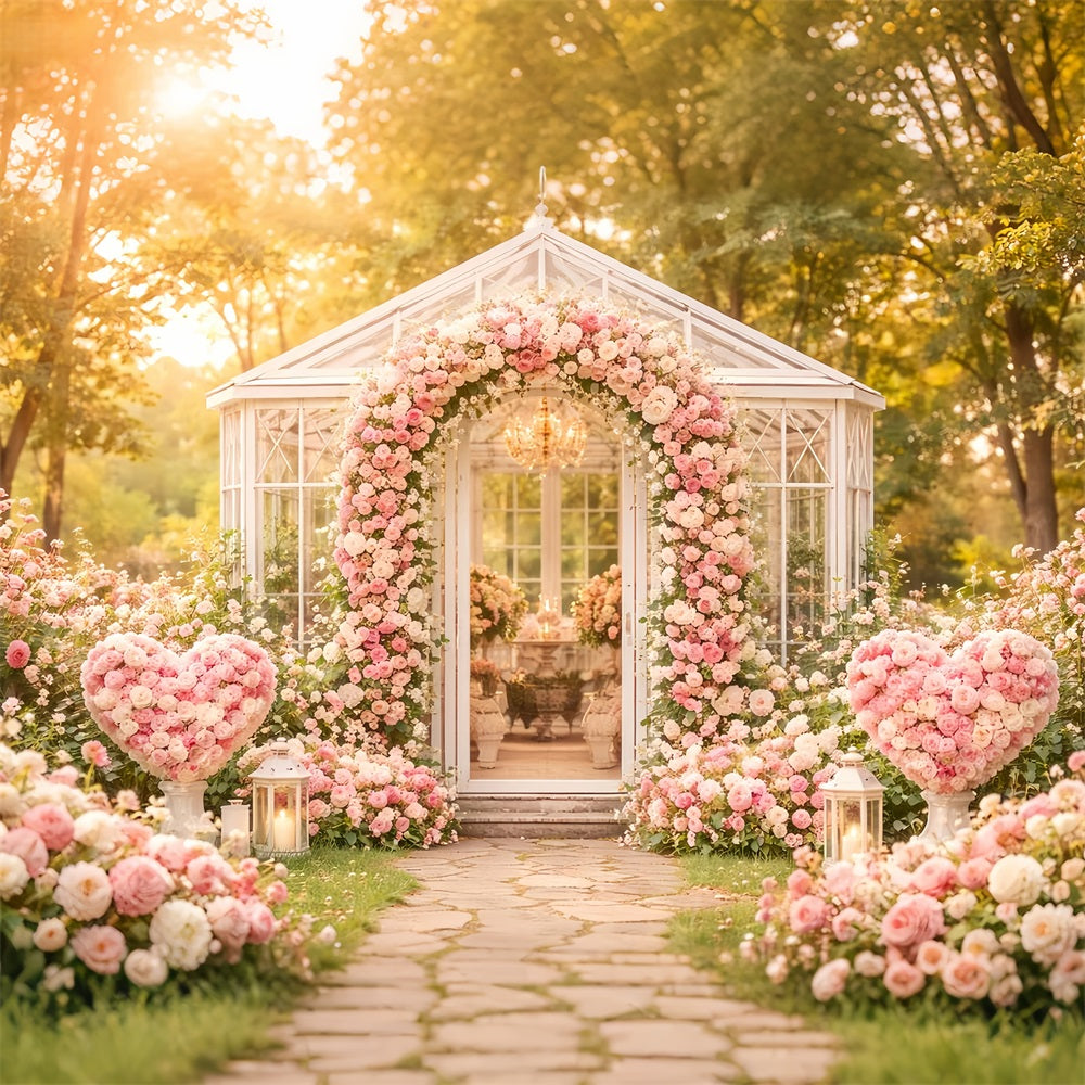 Floral Arch Valentine's Day Backdrop Garden Pavilion Pink Roses Love Backdrops UK LXX512-77