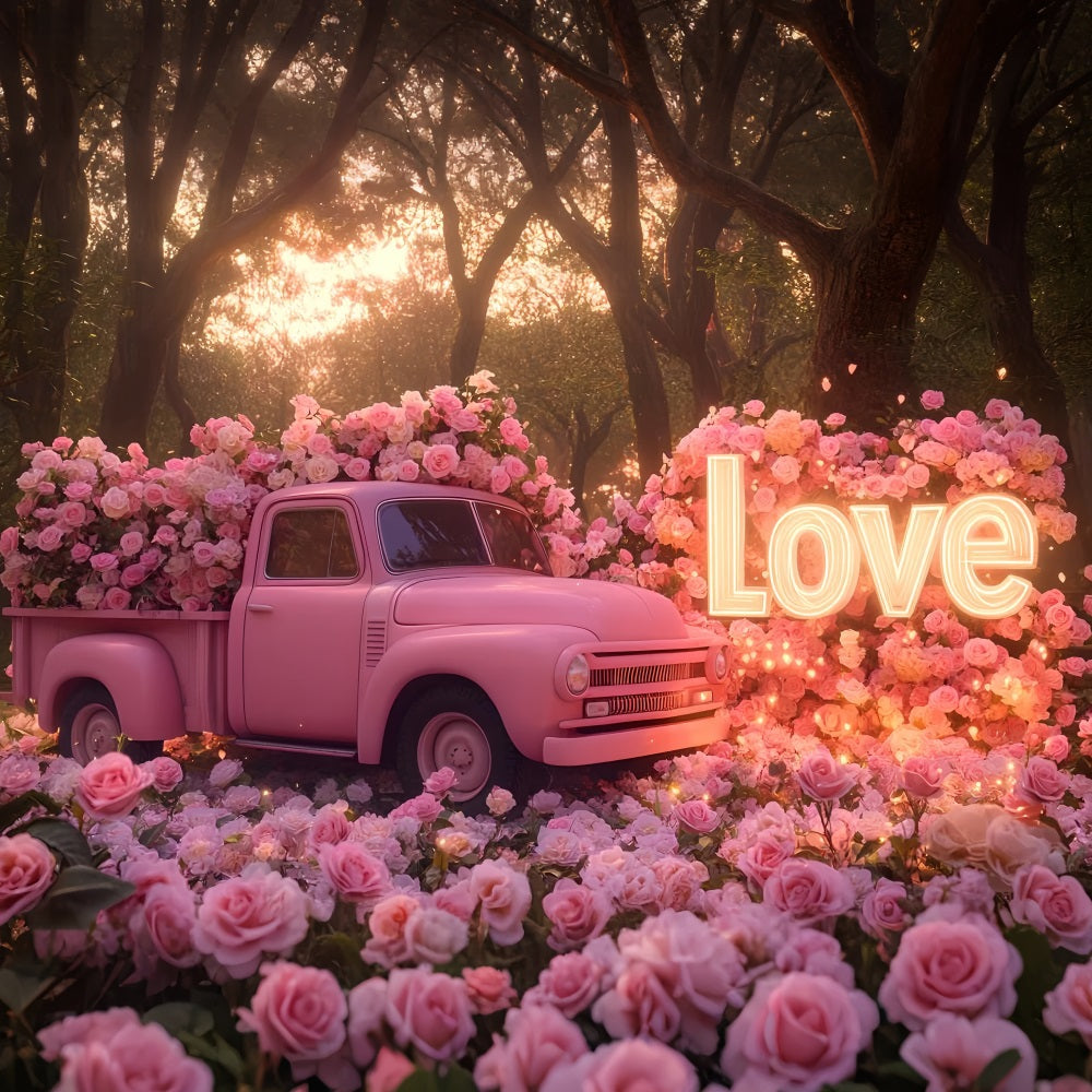 Pink Valentine Backdrop Rose Vintage Love Truck Romantic Backdrop UK LXX512-79