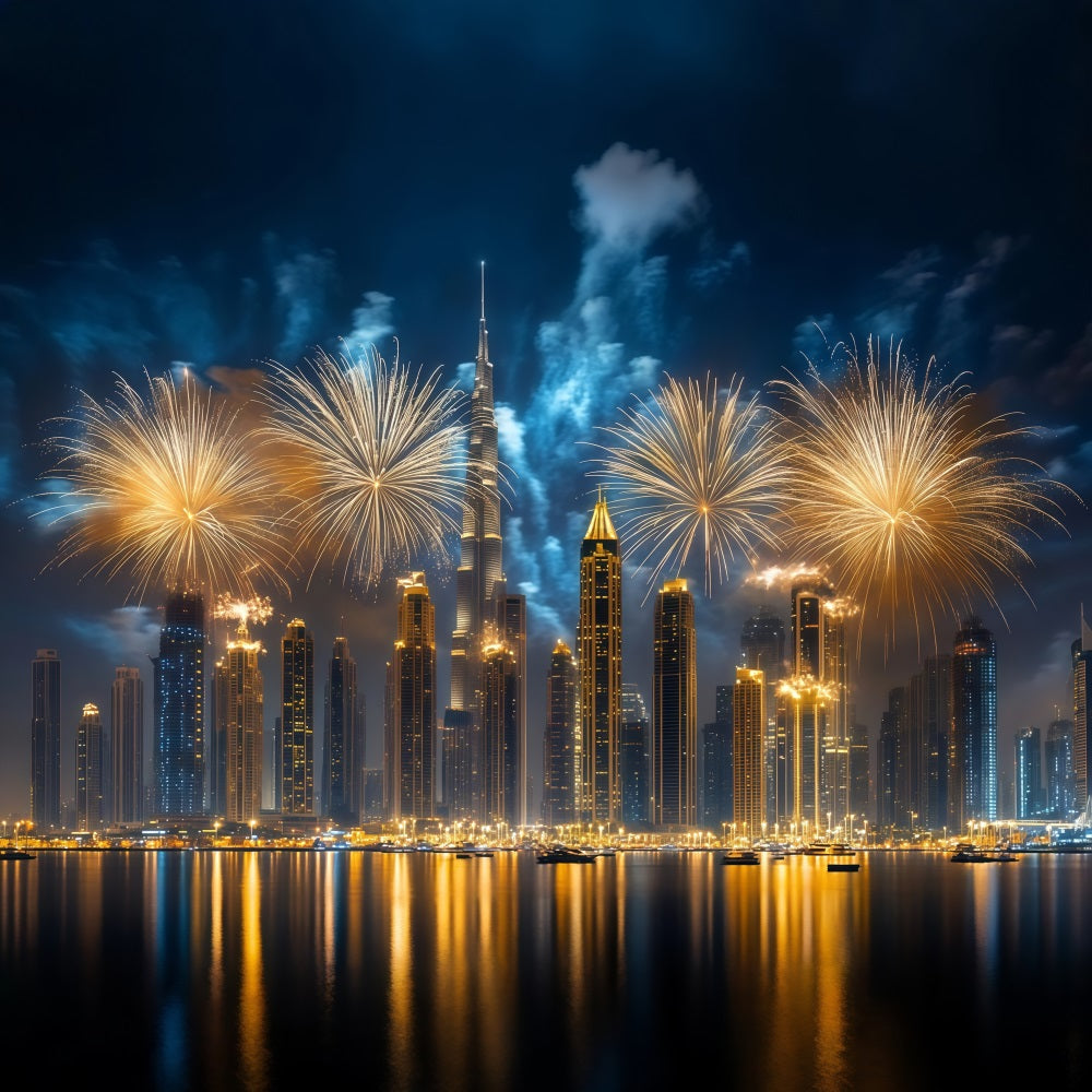 New Year Backdrop Ideas Golden Fireworks City Skyline Cityscape Photo Backdrop UK LXX512-8