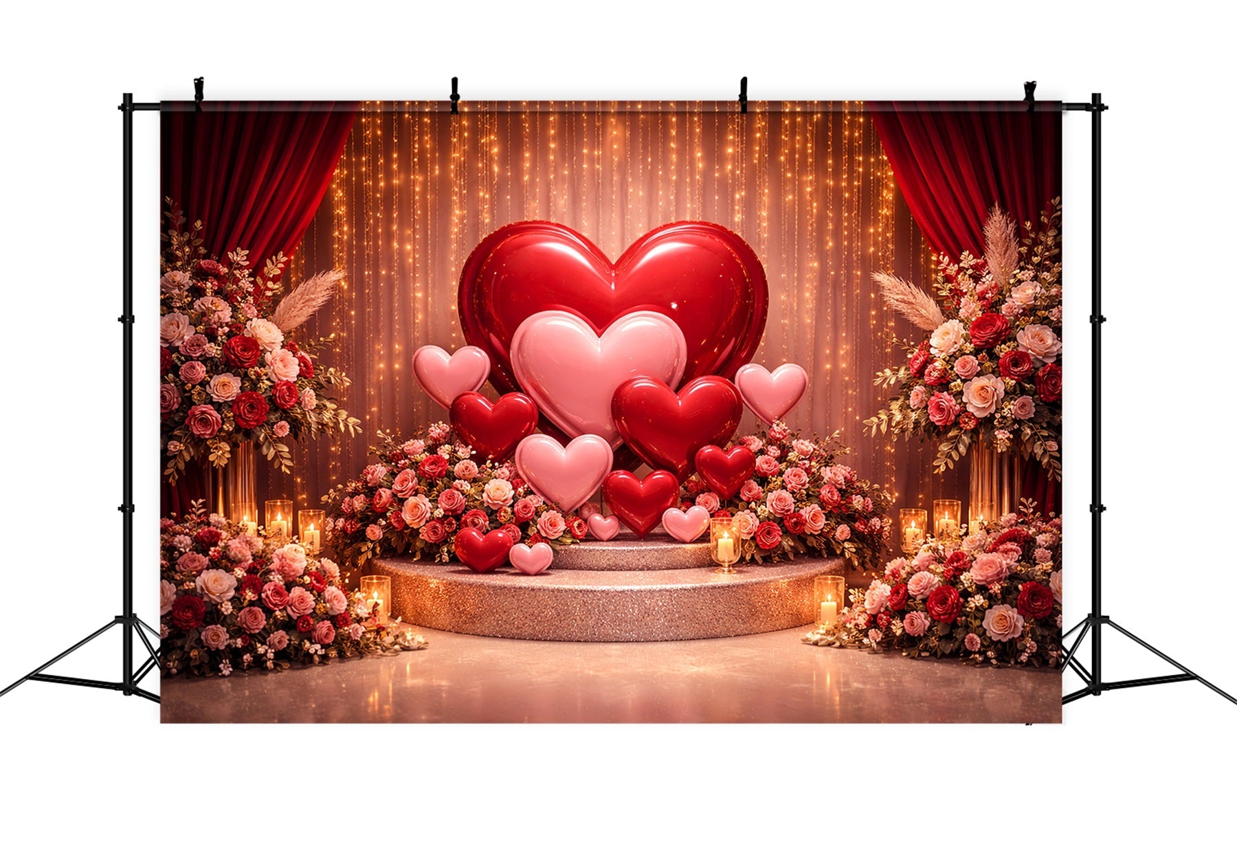 Hearts Backdrop Golden Curtain Balloon Stage Boho Floral Valentine Backdrop UK LXX512-82