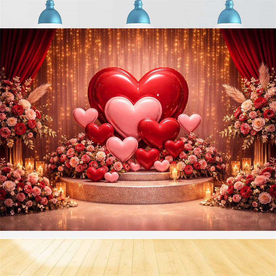Hearts Backdrop Golden Curtain Balloon Stage Boho Floral Valentine Backdrop UK LXX512-82