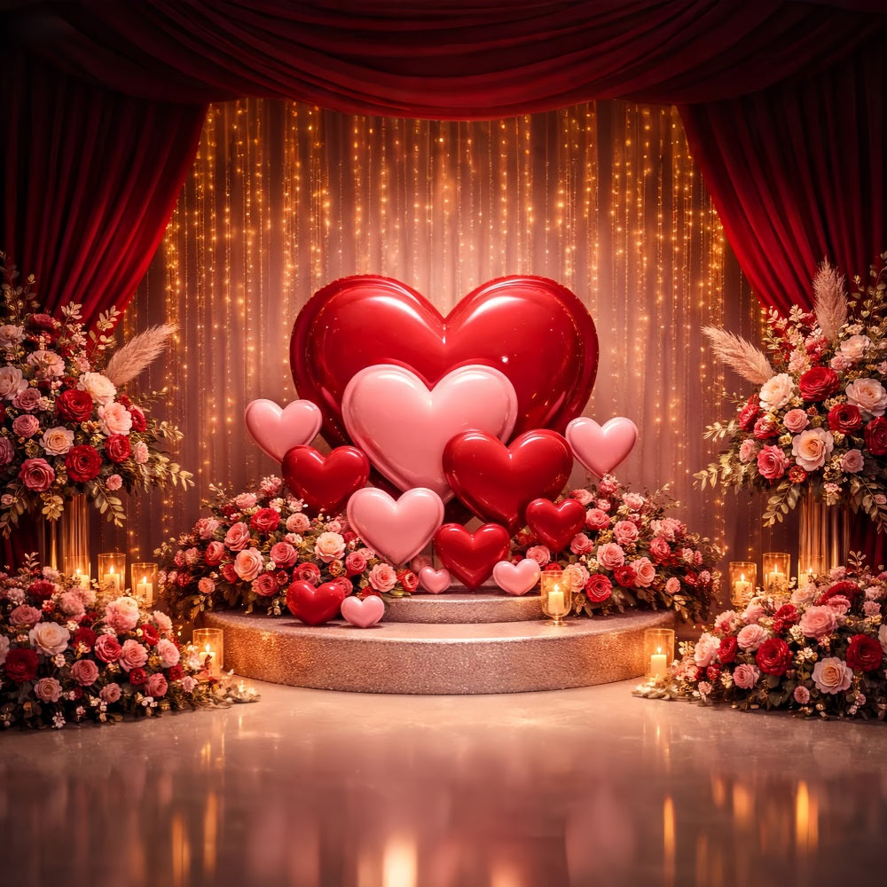 Hearts Backdrop Golden Curtain Balloon Stage Boho Floral Valentine Backdrop UK LXX512-82