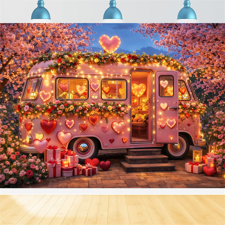 Pink Heart Backdrop Camper Blossom Neon Lights Romantic Backdrops UK LXX512-83