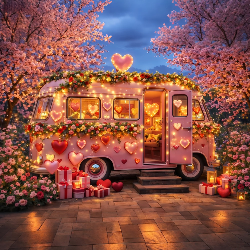 Pink Heart Backdrop Camper Blossom Neon Lights Romantic Backdrops UK LXX512-83