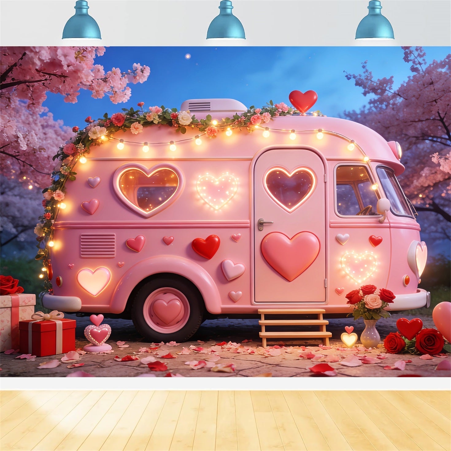 Romantic Backdrops Camper Glow Gift Boxes Pink Heart Backdrop UK LXX512-84