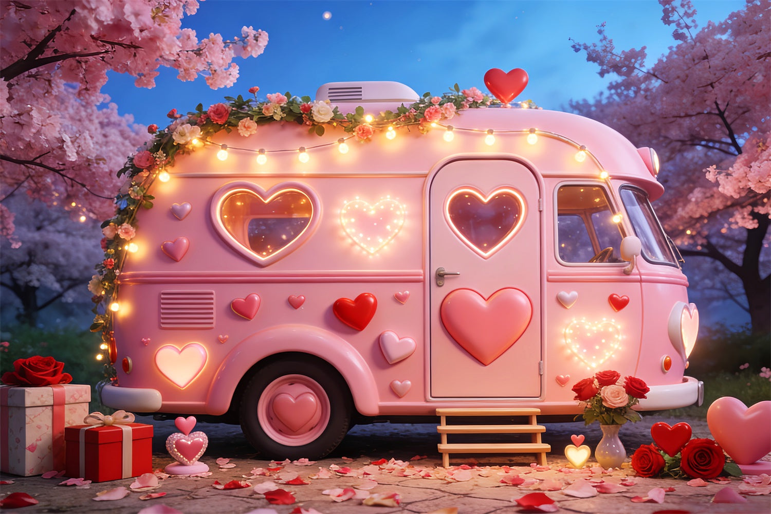 Romantic Backdrops Camper Glow Gift Boxes Pink Heart Backdrop UK LXX512-84