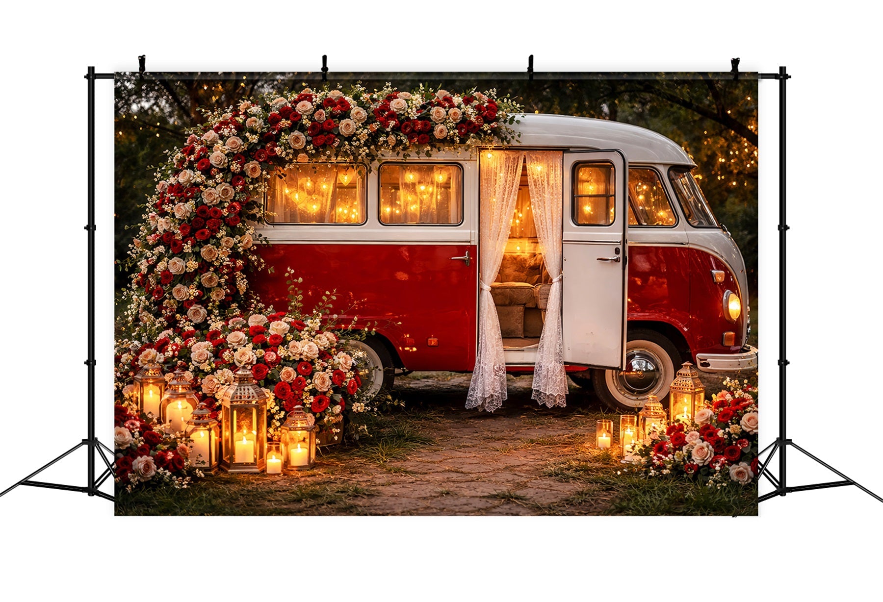 Red Rose Backdrop Vintage Lantern Camper Romance Glitter Valentine Backdrop UK LXX512-85