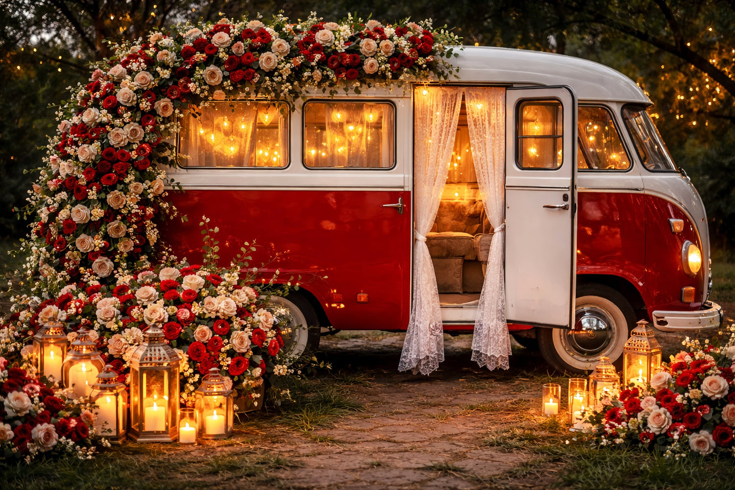 Red Rose Backdrop Vintage Lantern Camper Romance Glitter Valentine Backdrop UK LXX512-85