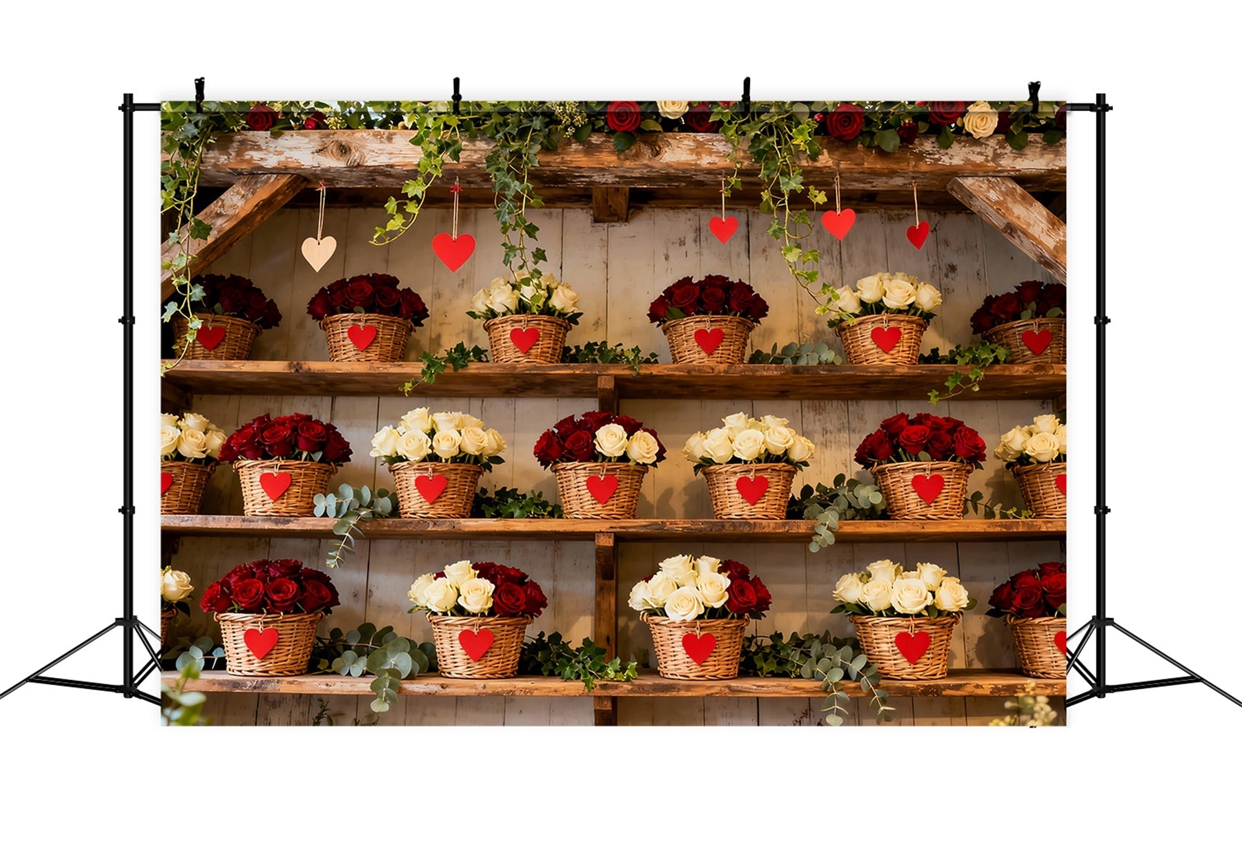 Simple Valentine Backdrop Rustic Floral Basket Wall Red Roses Backdrop UK LXX512-86