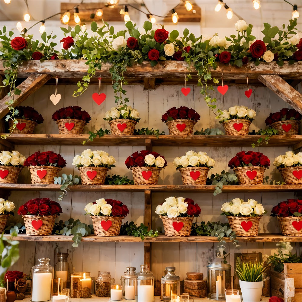 Simple Valentine Backdrop Rustic Floral Basket Wall Red Roses Backdrop UK LXX512-86