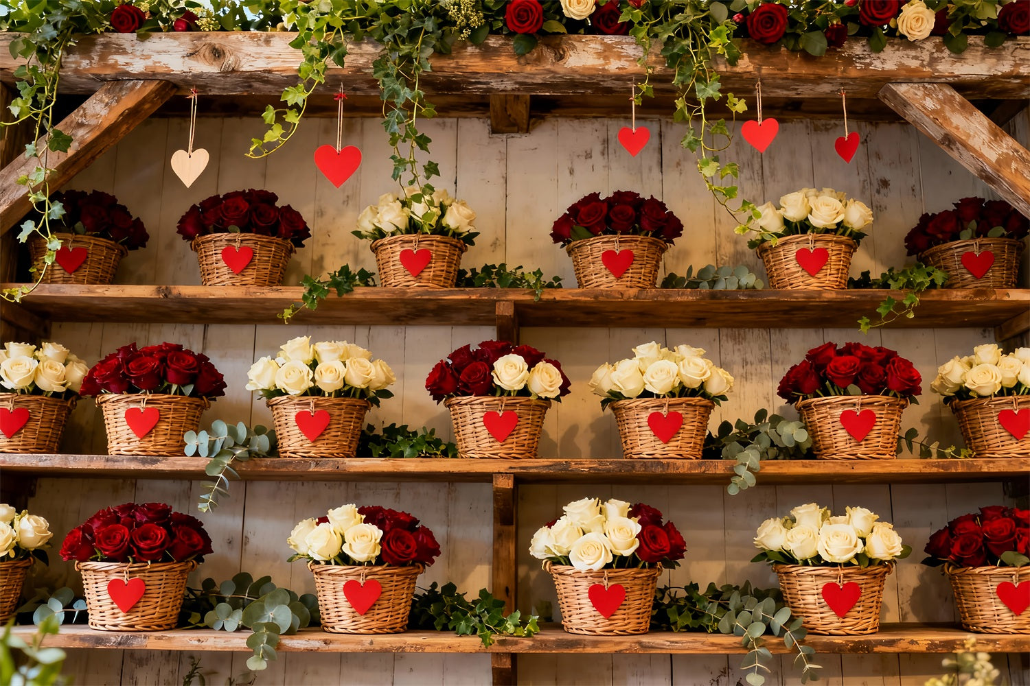 Simple Valentine Backdrop Rustic Floral Basket Wall Red Roses Backdrop UK LXX512-86