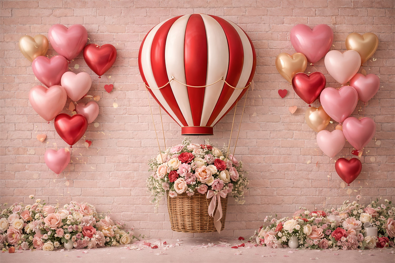 Heart Balloon Backdrop Brick Wall Romantic Roses Pink Valentine Backdrop UK LXX512-91