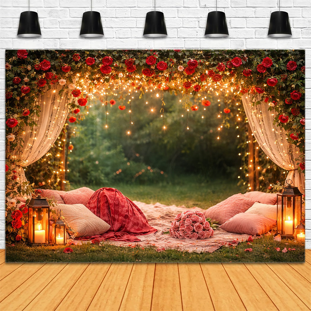 Red Rose Backdrop Twinkle Draped Canopy Floral Arch Valentine's Day Backdrop UK LXX512-93