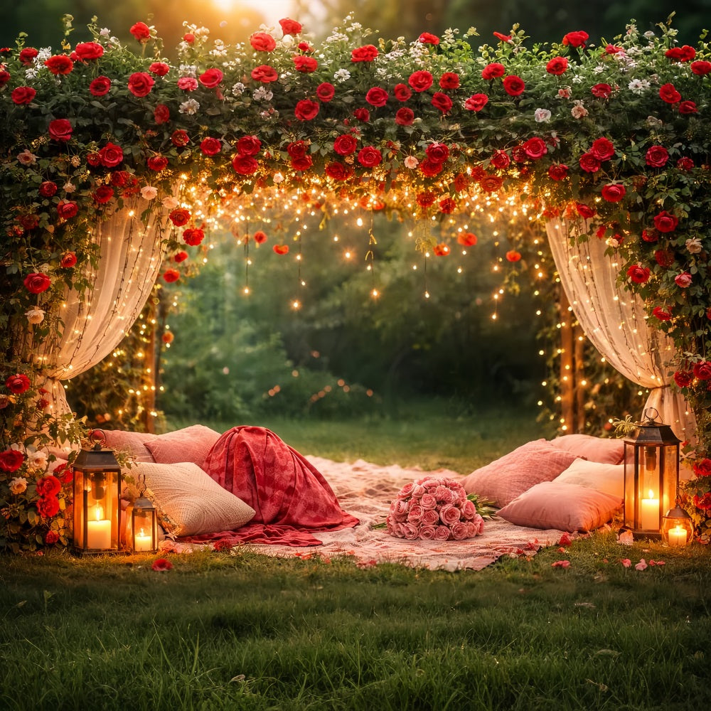 Red Rose Backdrop Twinkle Draped Canopy Floral Arch Valentine's Day Backdrop UK LXX512-93