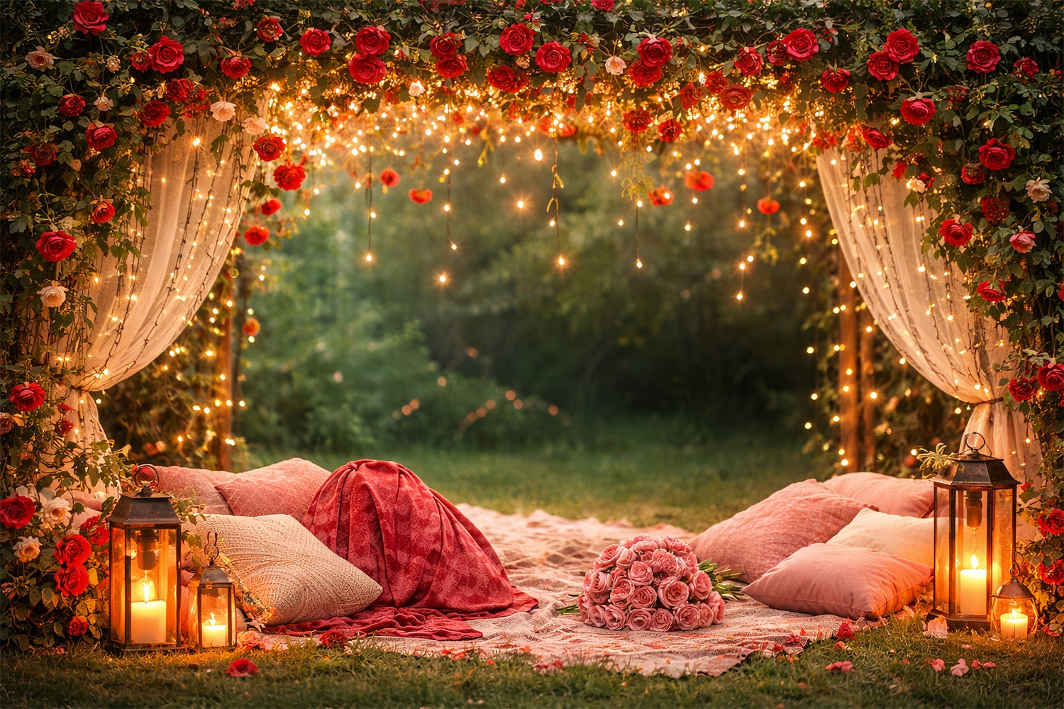 Red Rose Backdrop Twinkle Draped Canopy Floral Arch Valentine's Day Backdrop UK LXX512-93