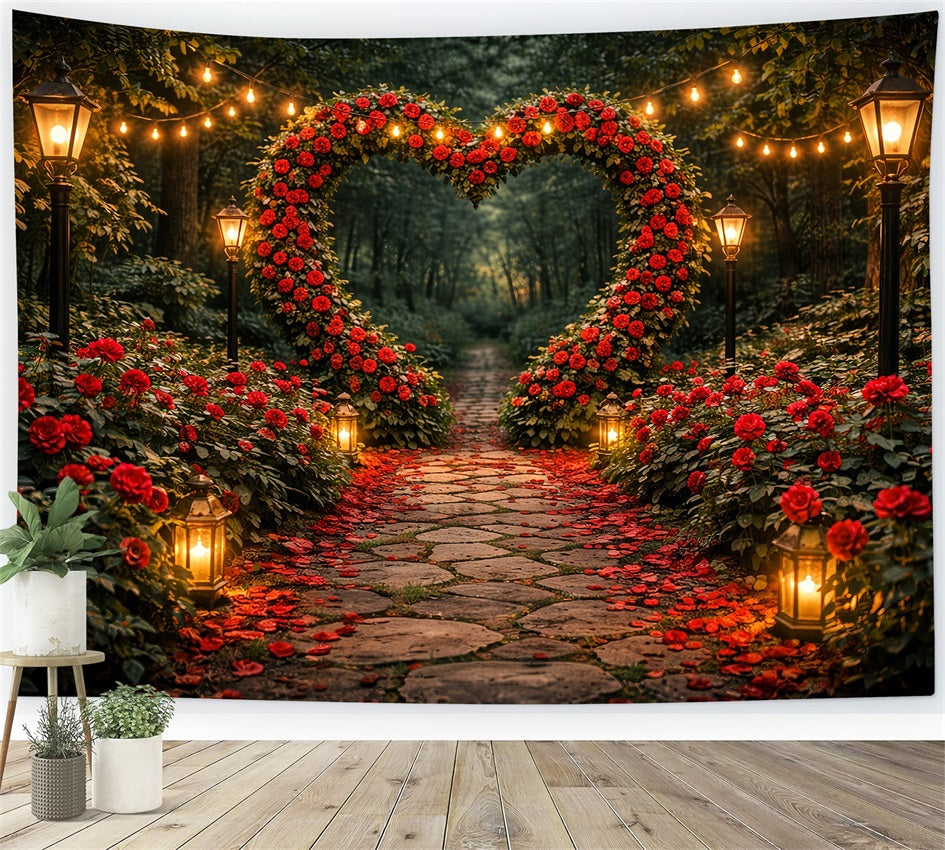 Red Rose Backdrop Garden Lantern Heart Pathway Floral Arch Valentine Backdrop UK LXX512-97