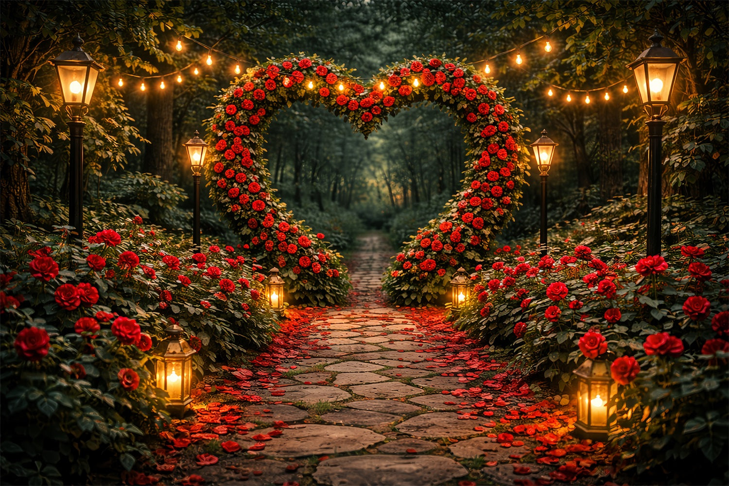 Red Rose Backdrop Garden Lantern Heart Pathway Floral Arch Valentine Backdrop UK LXX512-97