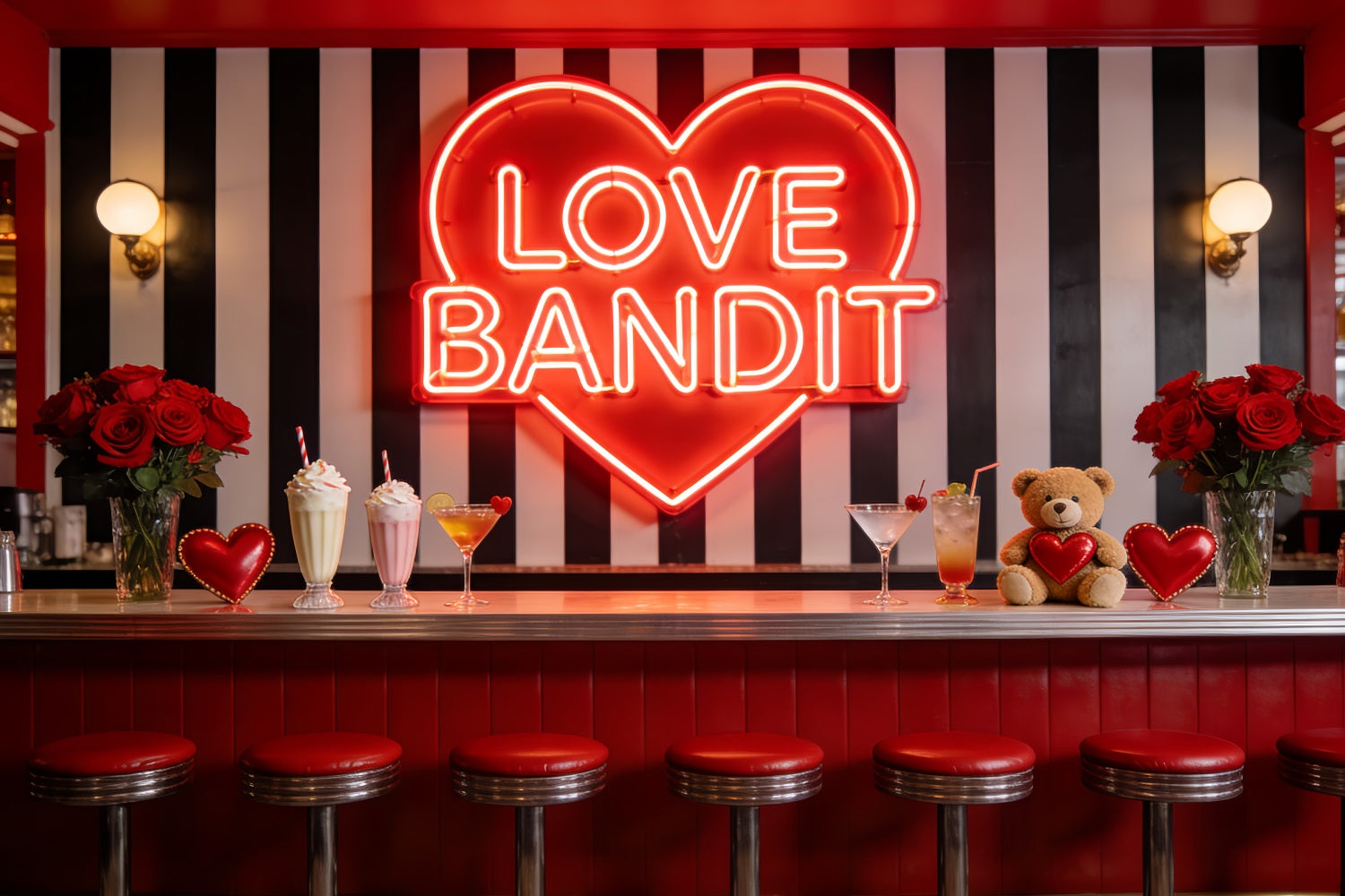 90s Valentine's Day Backdrop Neon Love Diner Bar Heart Backdrop UK LXX512-98