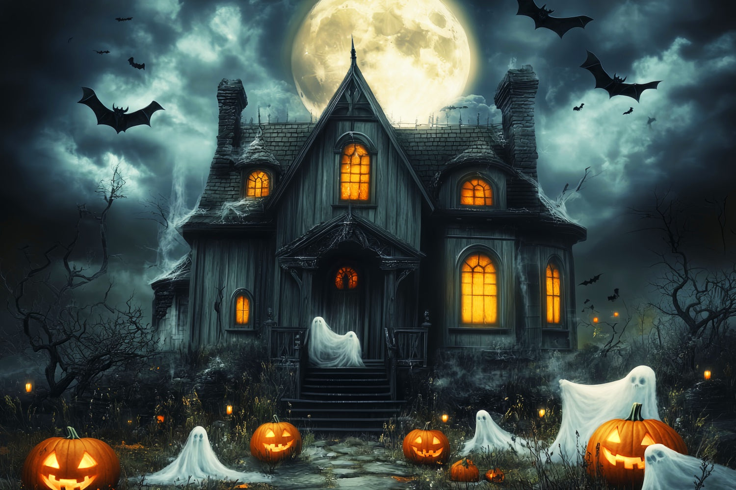Haunted House Backdrop Moon Ghost Parade Halloween Backdrop UK LXX57-104